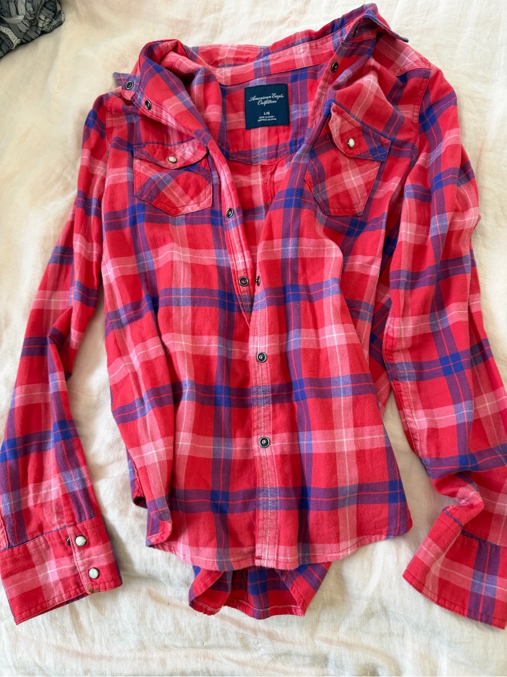 American Eagle Outfitters Red and Blue Plaid Button-Down Shirt